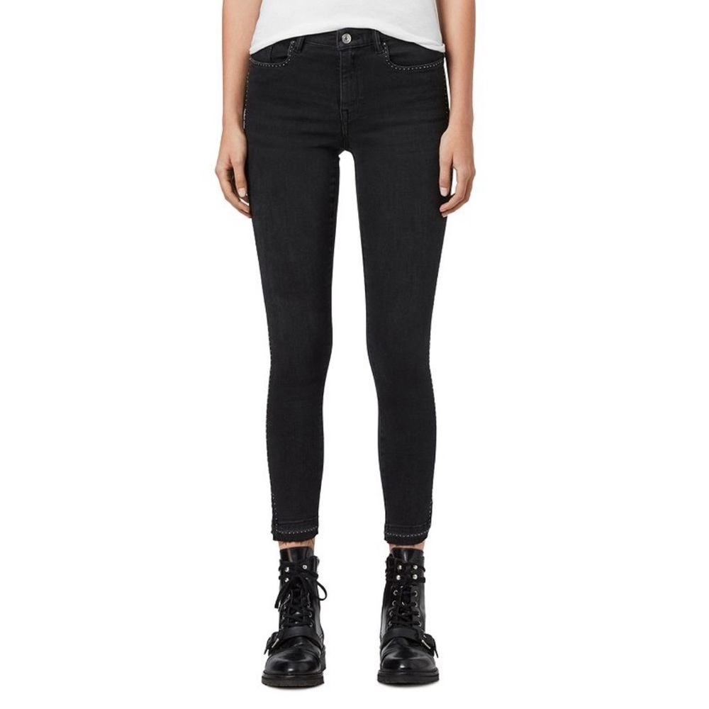 AllSaints Grace Black Studded Skinny Fit Ministud Cropped Designer Jeans